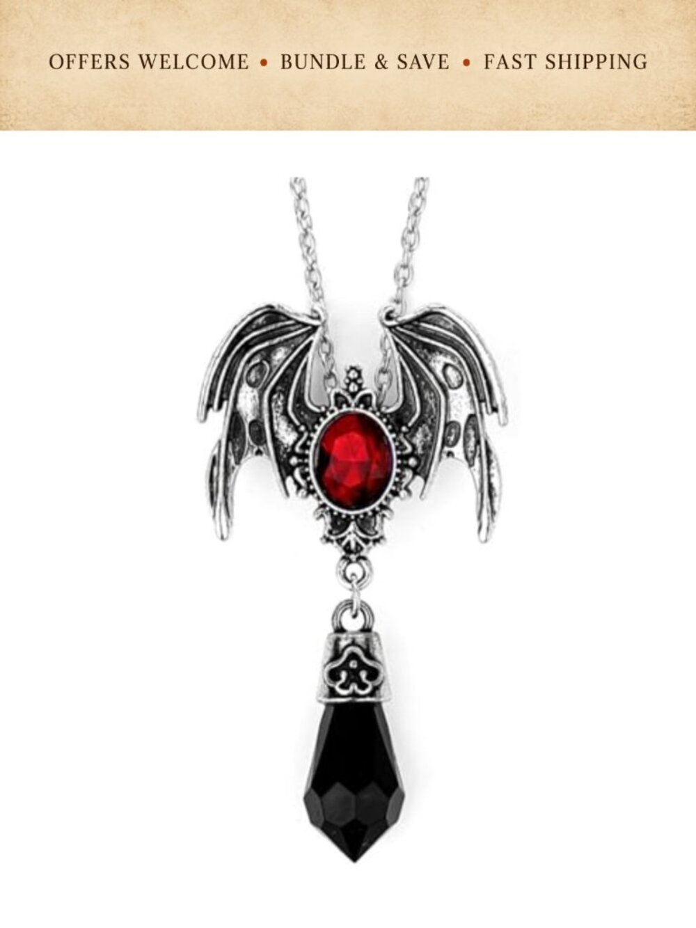 Gothic Bat Crystal Necklace Punk Witch Cosplay Halloween Jewelry